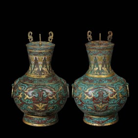 A pair of bronze bottles with gold and silver inlay from the Warring States period of China