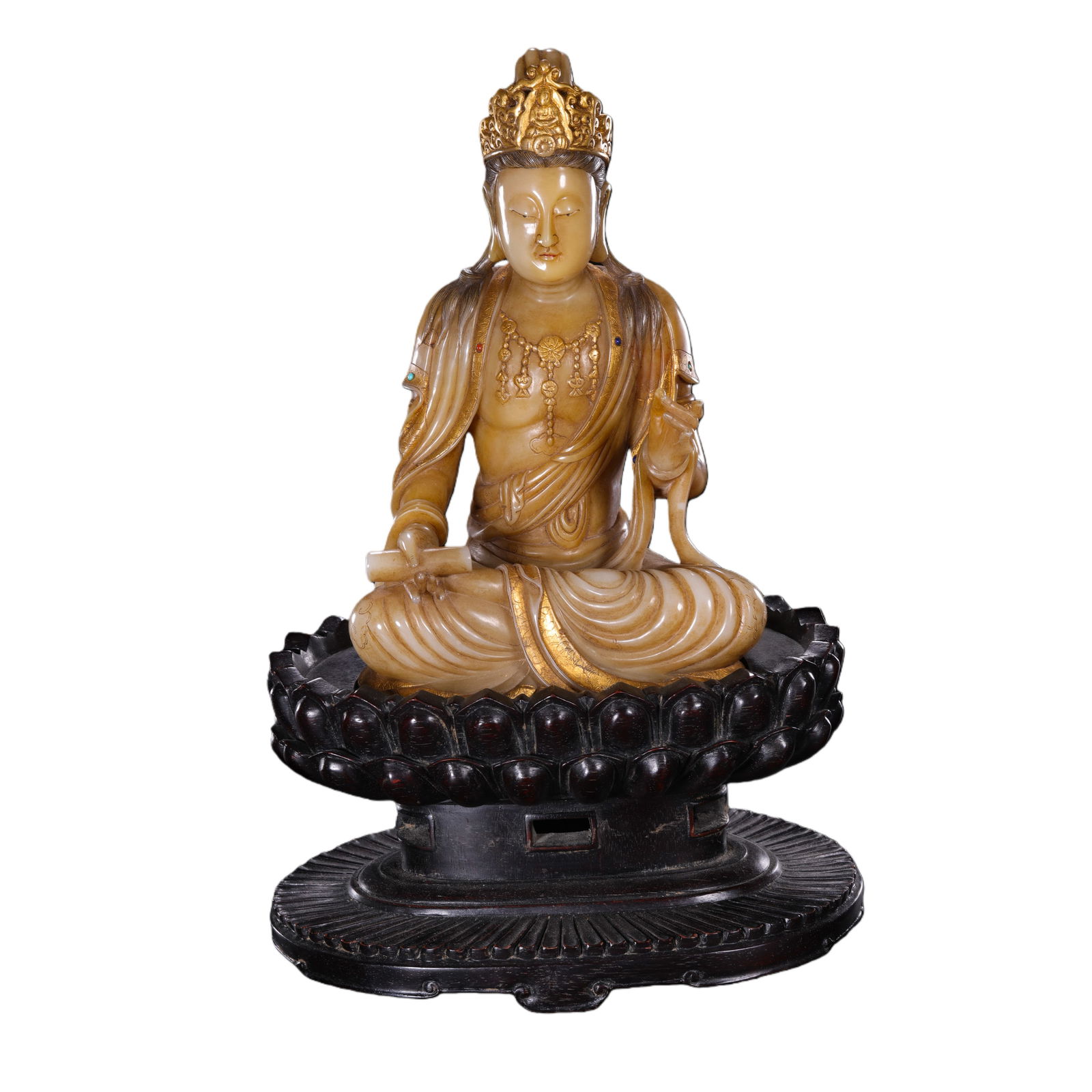 Qing Dynasty Shoushan Stone Guanyin Statue: H. 23 cm. H. 16 cm. W. 10 cm. Weight 764 gram.