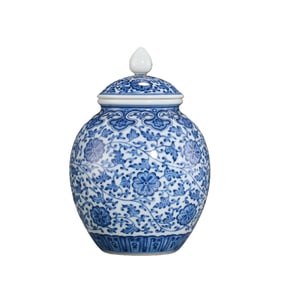 Qing Dynasty, Qianlong period, blue and white covered jar with lotus scroll design