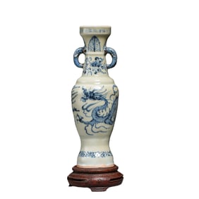 Chinese Yuan Dynasty Blue and White Dragon Pattern Double-Eared Vase