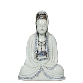 Yuan Dynasty Blue and White Underglaze Red Guanyin Seated Statue
