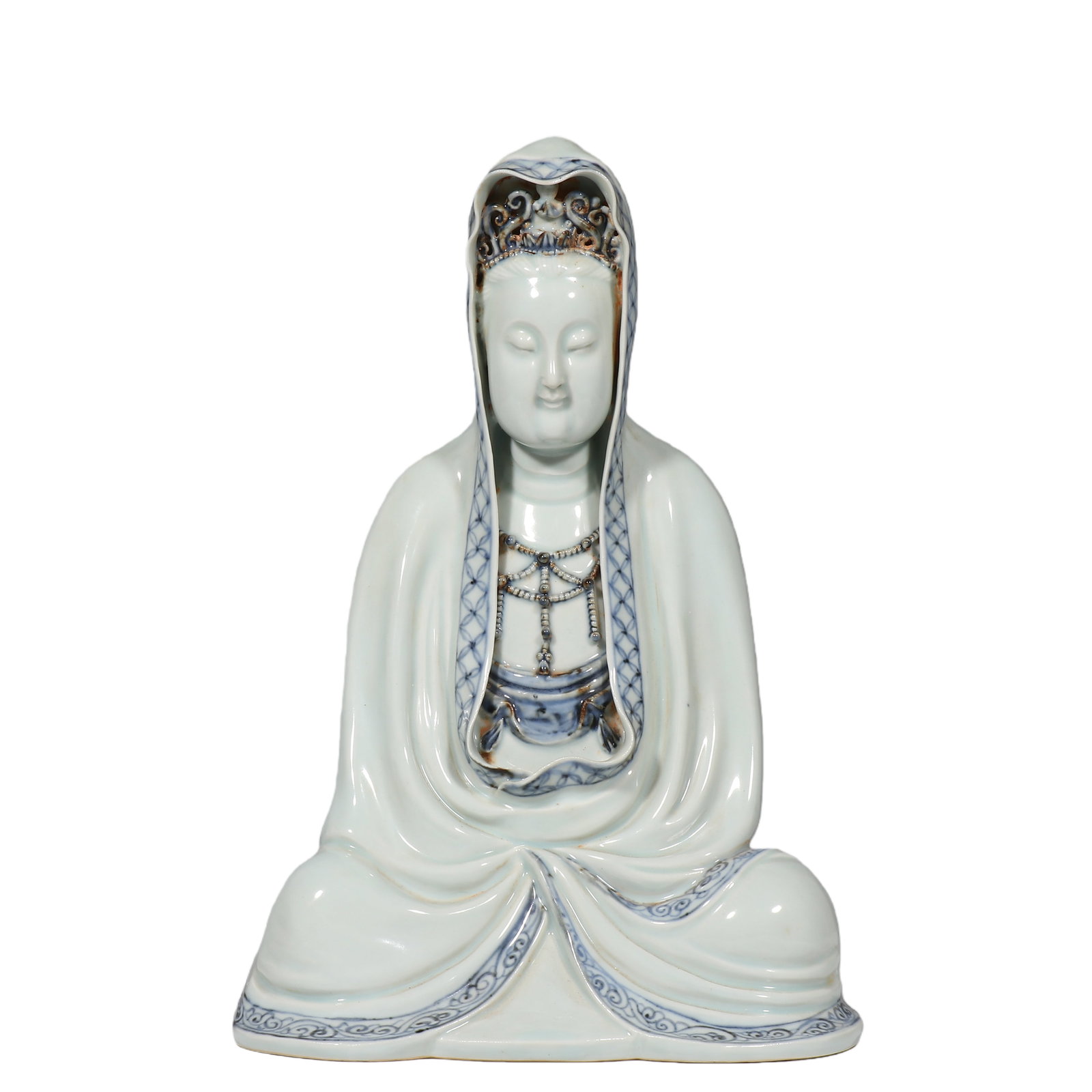 Yuan Dynasty Blue and White Underglaze Red Guanyin Seated Statue (1 of 9)