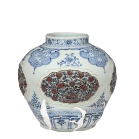 Yuan Dynasty Blue and White Underglaze Red Openwork Floral Pattern Jar Specimen