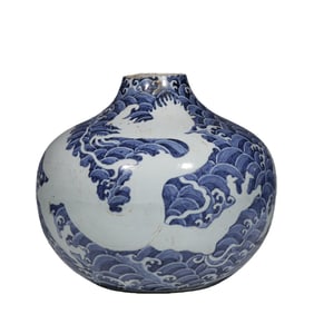 Ming Dynasty Blue and White Porcelain Flat Bottle with White Dragon and Sea Design