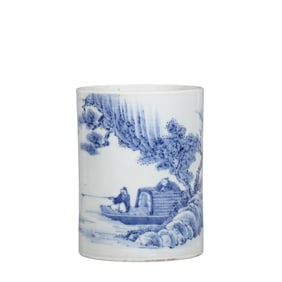 Ming Chenghua blue and white figure brush pot