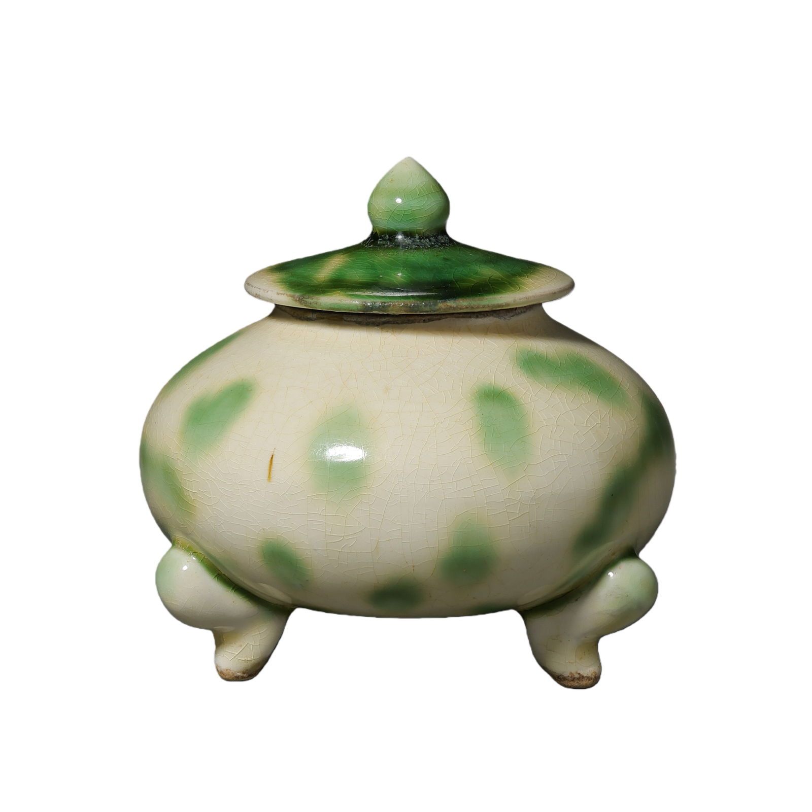 A Tang Dynasty Chinese Green-Patterned Three-Legged Covered Incense Burner: H. 10.5 cm.