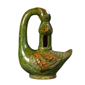 Chinese Tang Dynasty Green-Glazed Marbled Incense Burner in the Shape of a Goose