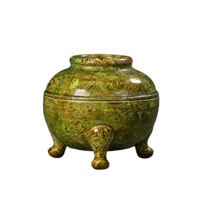 A Tang Dynasty Green-Glazed Marbled Three-Legged Incense Burner