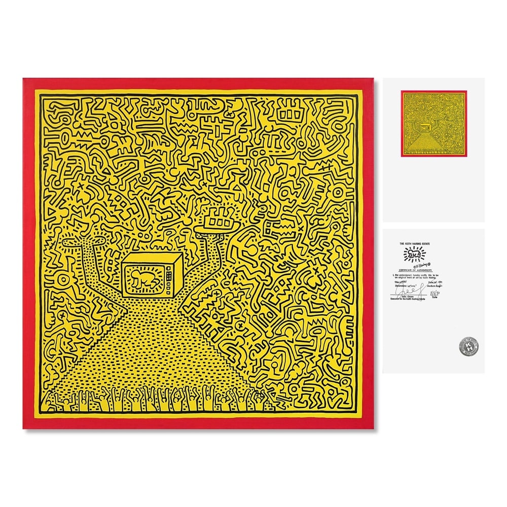 KEITH HARING (1958-1990), ATTRIBUTED TO, ACRYLIC ON CANVAS: Signed (verso) Image Dimensions: 40 x 40 in (101.6 x 101.6 cm) This painting comes with COA. Keith Haring emerged in the early 1980s as one of the most urgent and visually direct voices of