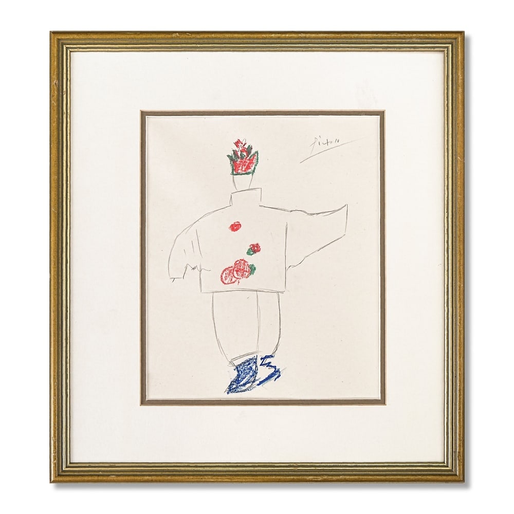 PABLO PICASSO (1881-1973), ATTRIBUTED TO, COLORED WAX CRAYONS AND PENCIL ON PAPER: Signed (lower right) Image Dimensions: 11 1/4 x 9 1/4 in (28.5 x 23.5 cm) Framed Dimensions: 17 7/8 x 16 1/2 in (45.5 x 42 cm) This painting comes with COA. Pablo Picasso remains one of the most