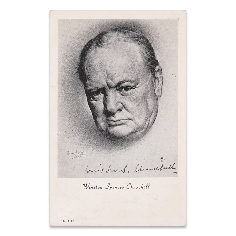 WINSTON CHURCHILL SIGNED PORTRAIT POSTCARD: 5 1/2 x 3 1/2 in (14 x 8.8 cm) Provenance and Authentication: This collectible has undergone a rigorous forensic evaluation. The signatures were carefully analyzed across multiple criteria, including