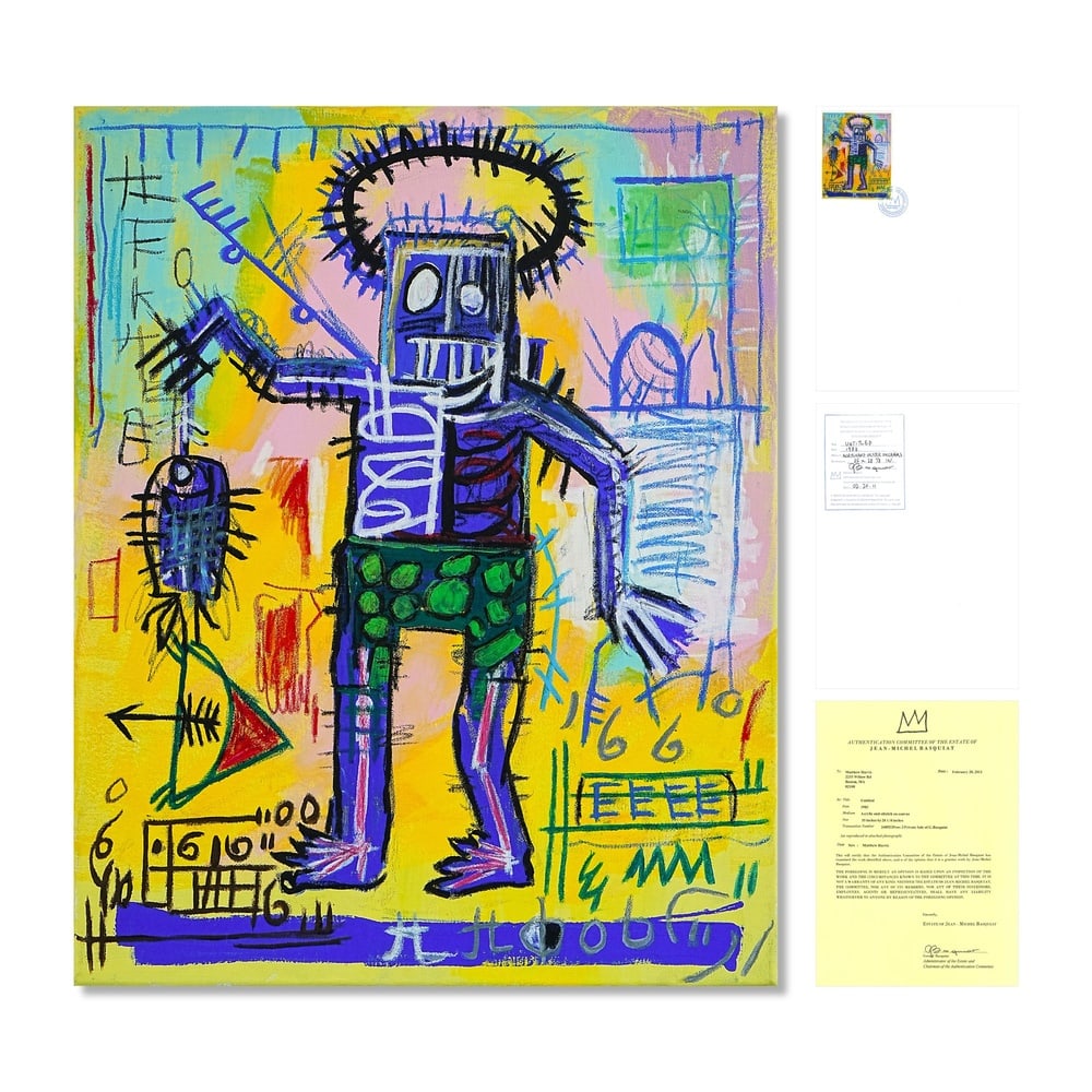 JEAN-MICHEL BASQUIAT (1960-1988), ATTRIBUTED TO, ACRYLIC AND OILSTICK ON CANVAS: Signed (verso) Image Dimensions: 35 x 28 1/8 in (88.9 x 71.4 cm) This painting comes with COA. Jean-Michel Basquiat emerged in the early 1980s as one of the most vital voices in contemporary painting.