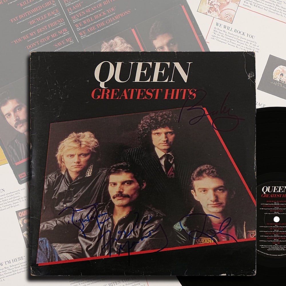 QUEEN FULLY SIGNED "GREATEST HITS" LP: 12 1/4 x 12 1/4 in Provenance and Authentication: This collectible has undergone a rigorous forensic evaluation. The signatures were carefully analyzed across multiple criteria, including ink depositi
