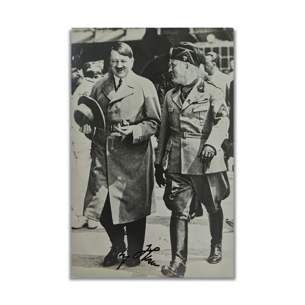 ADOLF HITLER SIGNED "HITLER UND MUSSOLINI" POSTCARD: 5 3/8 x 3 1/2 in (13.8 x 8.9 cm) Adolf Hitler remains one of the most historically consequential and controversial figures of the twentieth century, whose actions and political leadership shaped the t