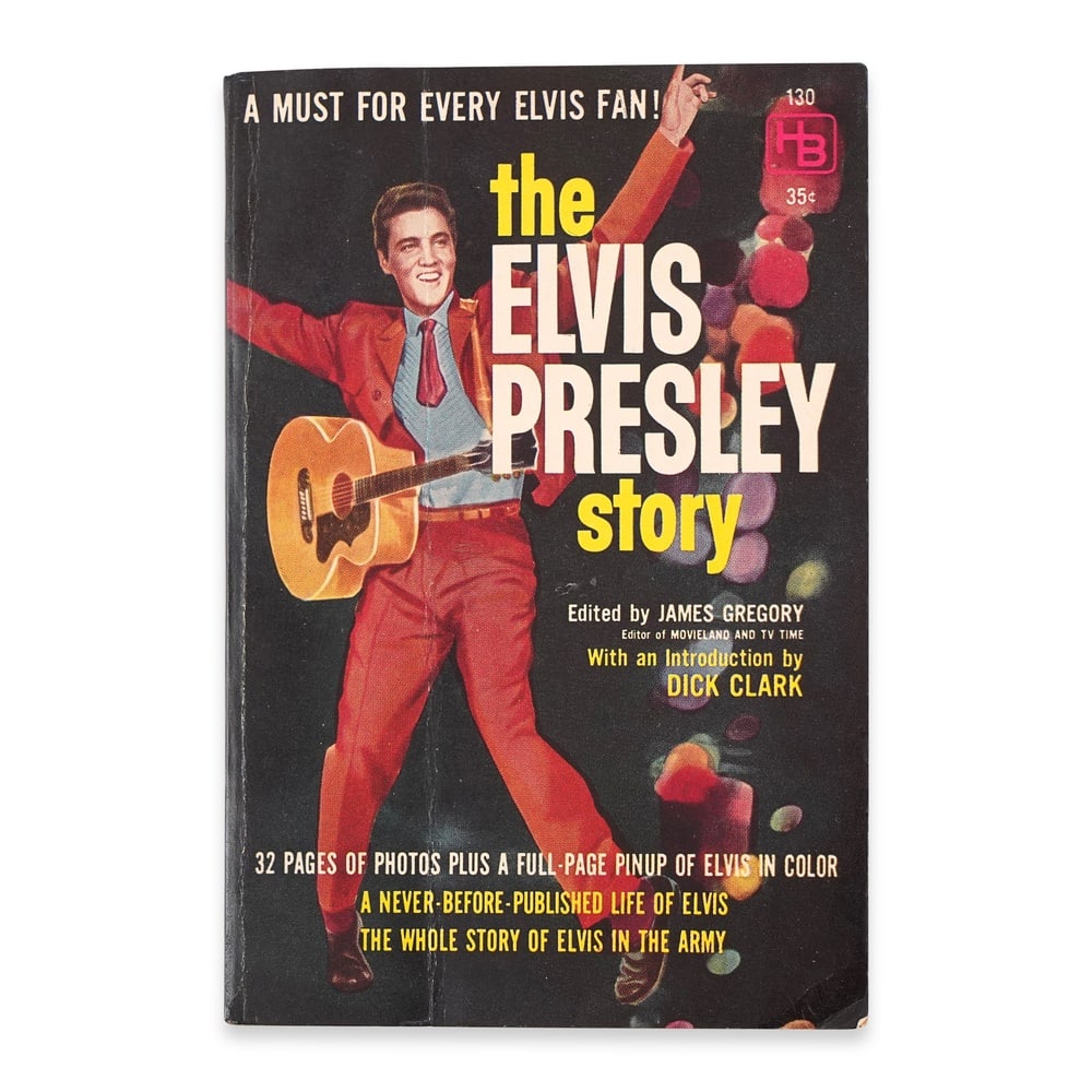 ELVIS PRESLEY SIGNED "THE ELVIS PRESLEY STORY": 6 1/4 x 4 1/4 in (16 x 10.7 cm) Provenance and Authentication: This collectible has undergone a rigorous forensic evaluation. The signatures were carefully analyzed across multiple criteria, including