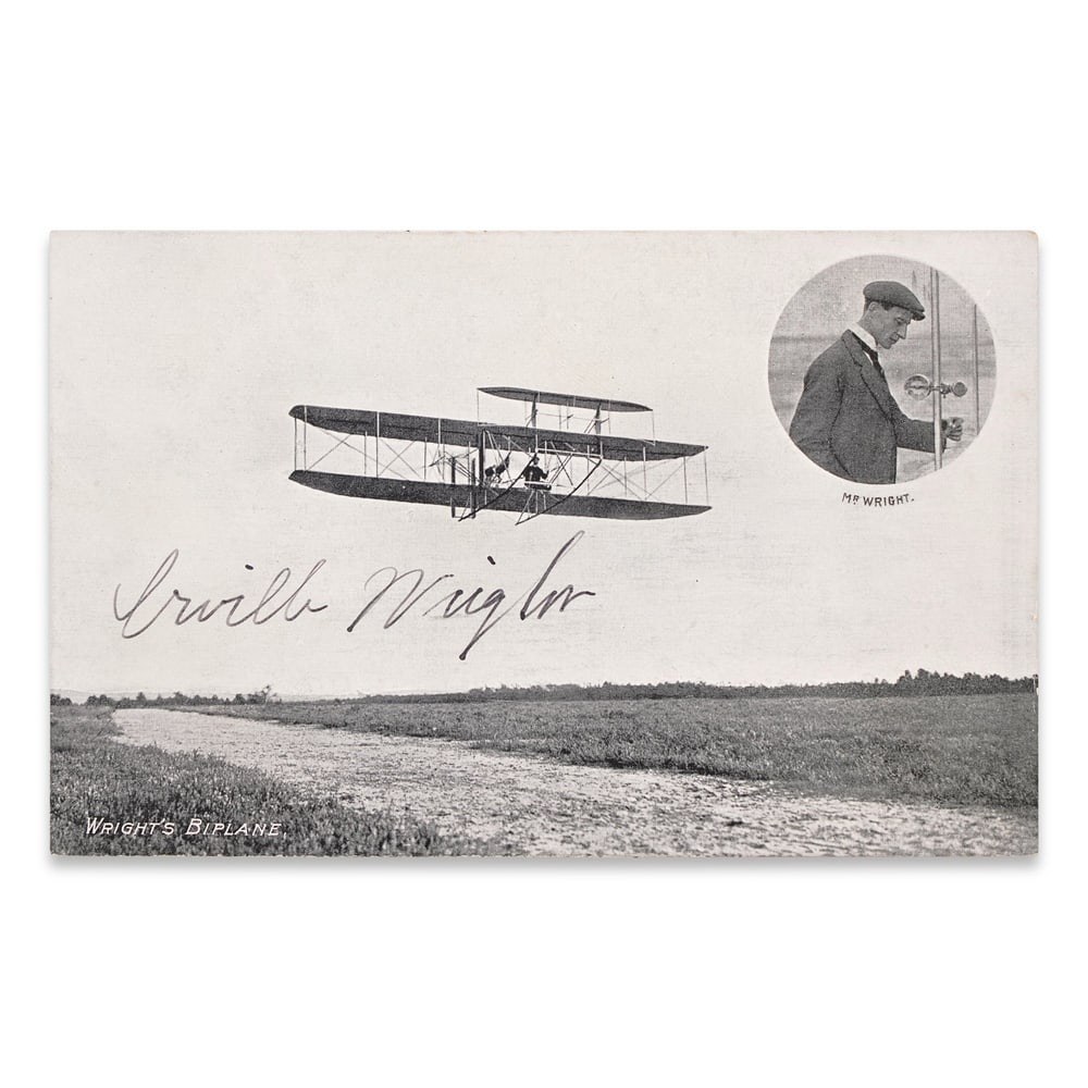 ORVILLE WRIGHT SIGNED POSTCARD: 5 3/8 x 3 3/8 in (13.8 x 8.7 cm) Provenance and Authentication: This collectible has undergone a rigorous forensic evaluation. The signatures were carefully analyzed across multiple criteria,