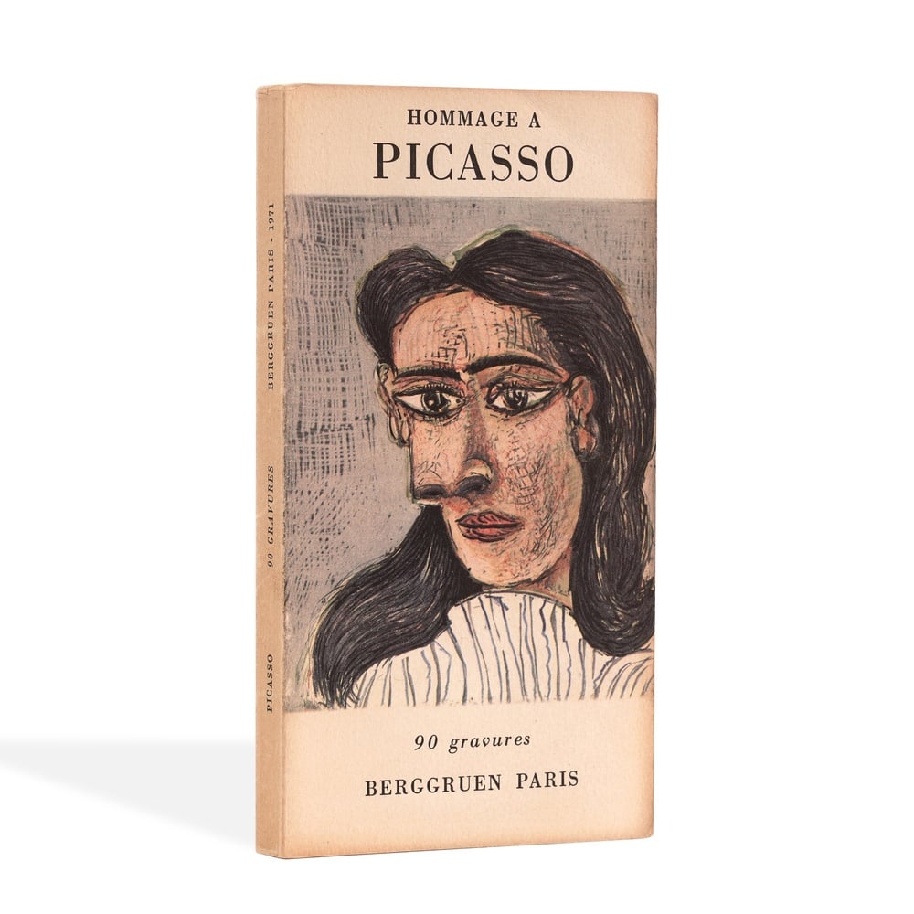PABLO PICASSO SIGNED "HOMMAGE A PICASSO" BERGRUEN PARIS CATALOG (1971): 8 5/8 x 4 1/2 in (22 x 11.5 cm) This remarkable 1971 exhibition catalog, titled Hommage a Picasso, was published by the renowned Galerie Berggruen in Paris to commemorate Pablo Picasso's 90th birthday