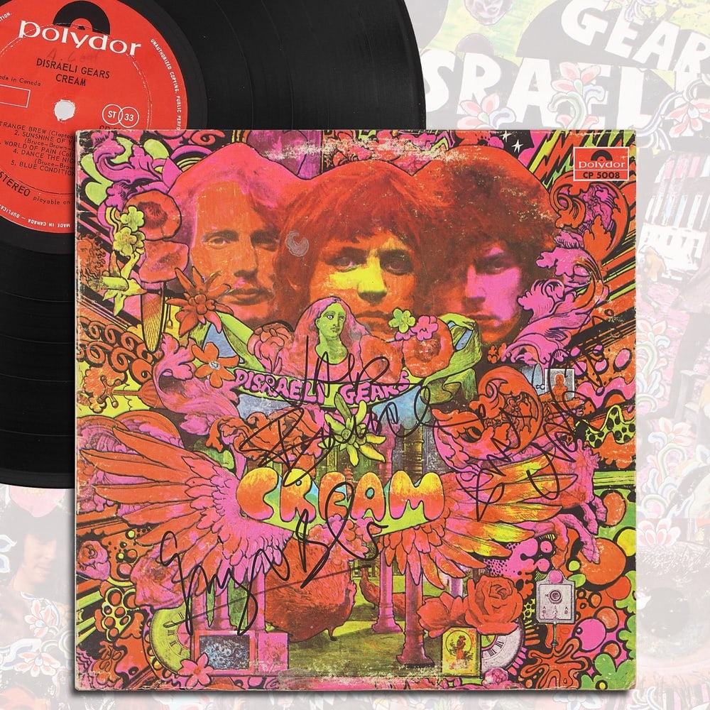 CREAM FULLY SIGNED "DISRAELI GEARS" LP: 12 1/4 x 12 1/4 in Provenance and Authentication: This collectible has undergone a rigorous forensic evaluation. The signatures were carefully analyzed across multiple criteria, including ink depositi