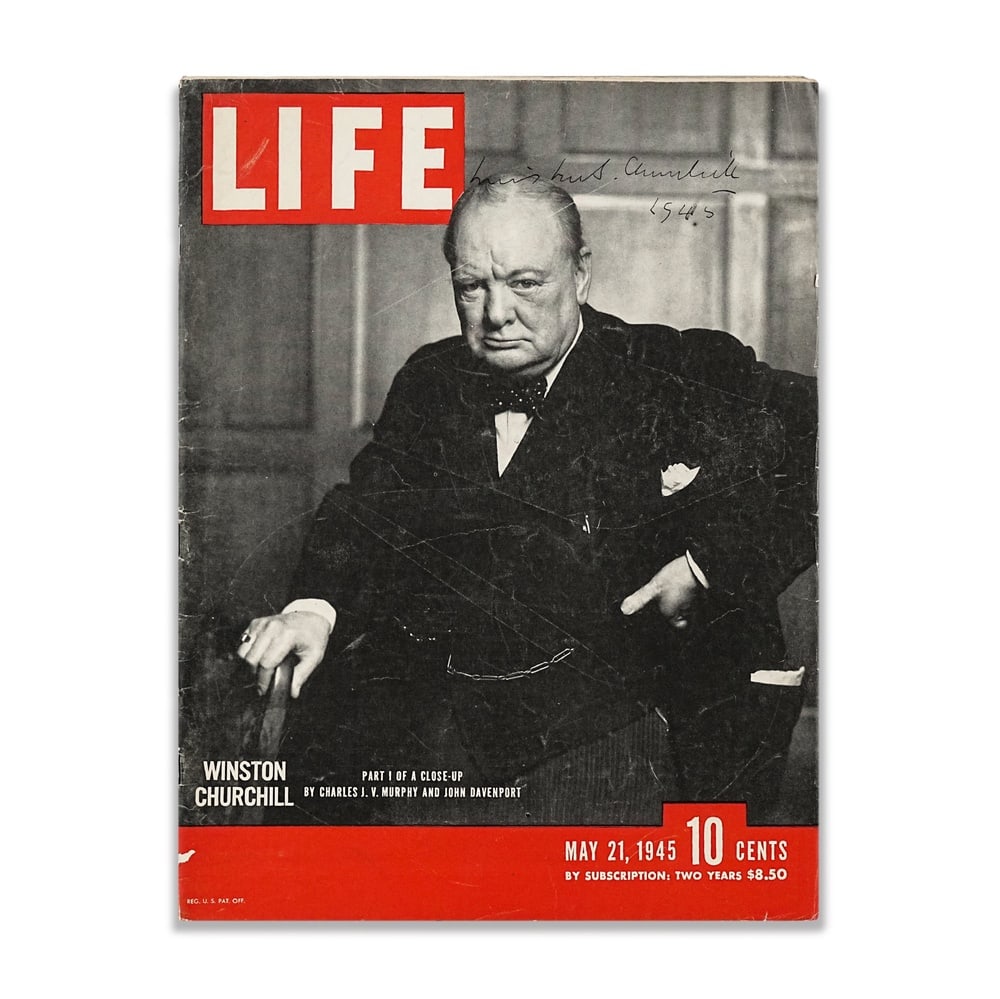 WINSTON S. CHURCHILL SIGNED LIFE MAGAZINE (MAY 21, 1945): 14 x 10 5/8 in (35.5 x 27 cm) Provenance and Authentication: According to the accompanying documentation provided by the consignor, the signatures have been examined with reference to multiple