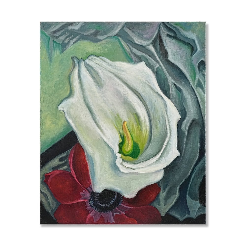 GEORGIA O'KEEFFE (1887-1986), ATTRIBUTED TO, OIL ON CANVAS: Signed (verso) Image Dimensions: 28 3/4 x 23 3/4 in (73 x 60.5 cm) This painting comes with COA. Few artists are more closely associated with the flower as a modernist subject than Georgia O'Keeffe.