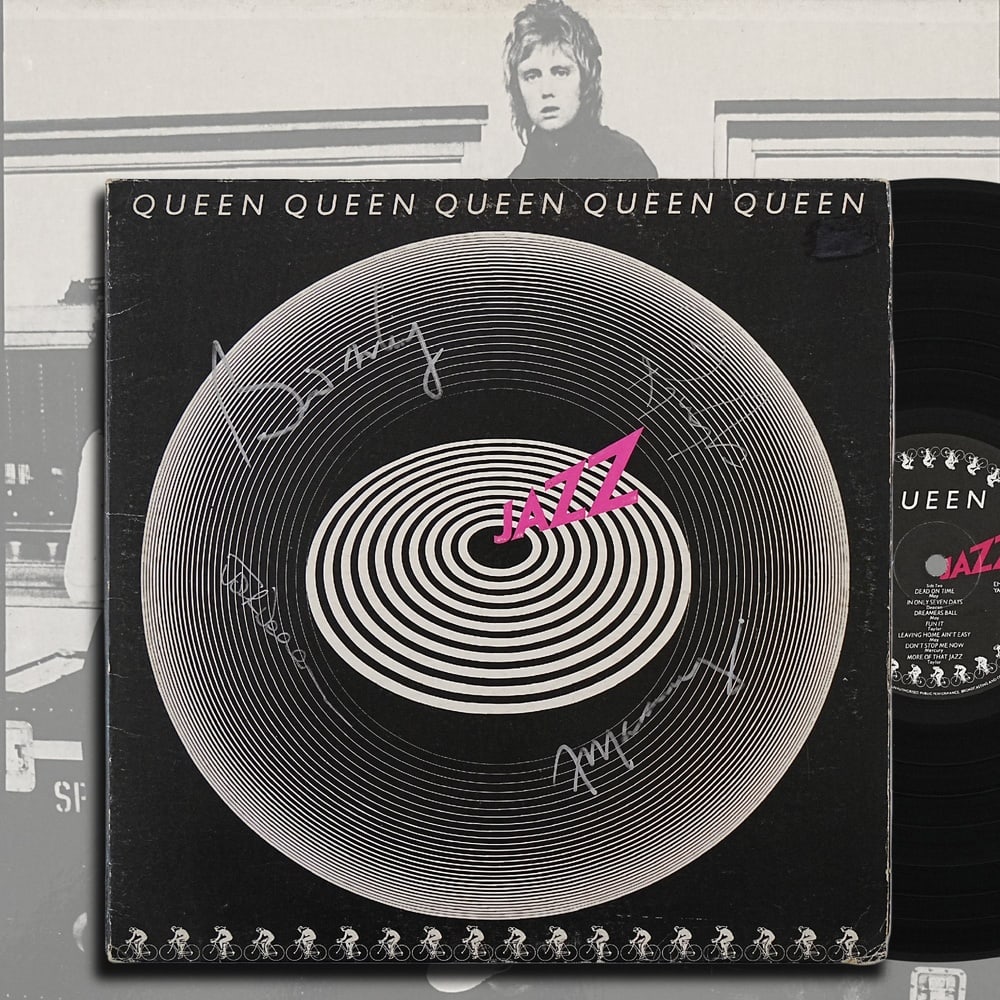 QUEEN FULLY SIGNED "JAZZ" UK FIRST EDITION LP: 12 1/4 x 12 1/4 in Provenance and Authentication: This collectible has undergone a rigorous forensic evaluation. The signatures were carefully analyzed across multiple criteria, including ink depositi