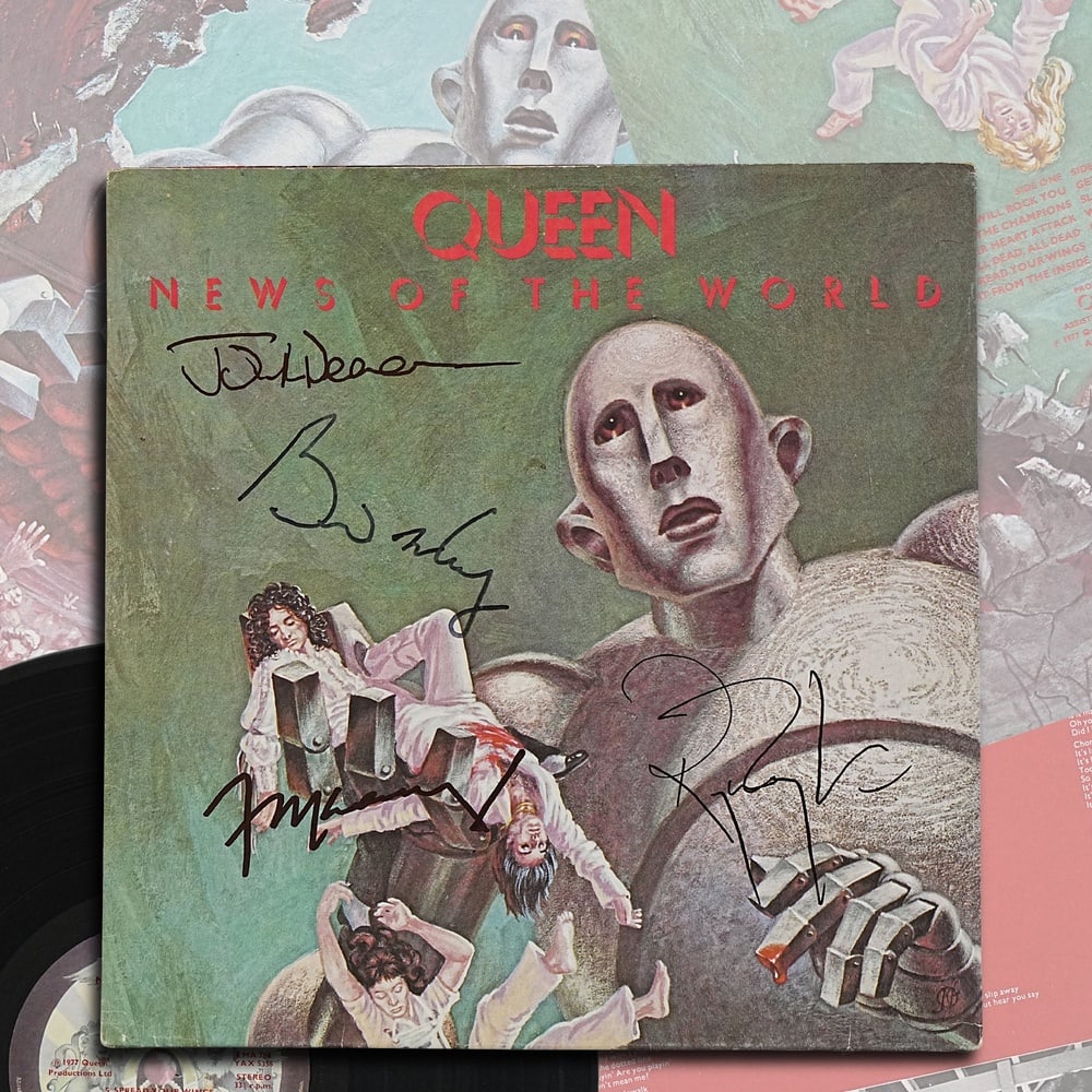 QUEEN FULLY SIGNED NEWS OF THE WORLD LP: 12 1/4 x 12 1/4 Provenance and Authentication: This collectible has undergone a rigorous forensic evaluation. The signatures were carefully analyzed across multiple criteria, including ink deposition,