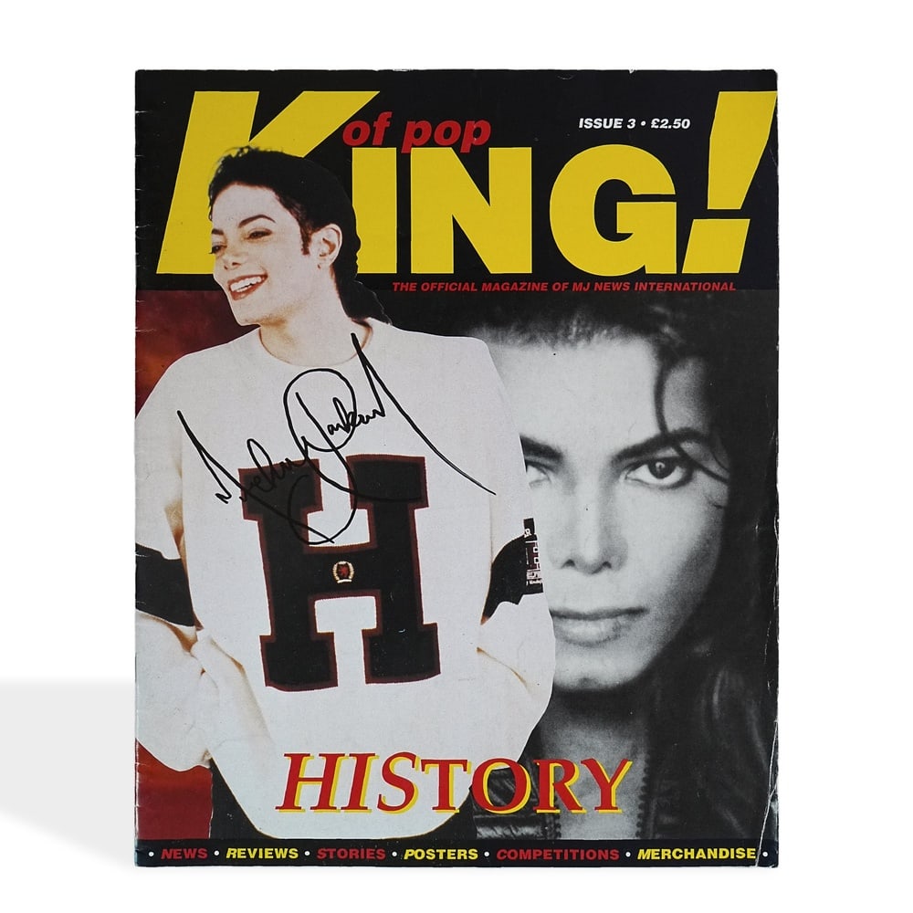 MICHAEL JACKSON SIGNED "KING OF POP" MAGAZINE: 12 x 9 5/8 in (30.5 x 24.5 cm) Provenance and Authentication: This collectible has undergone a rigorous forensic evaluation. The signatures were carefully analyzed across multiple criteria, including 