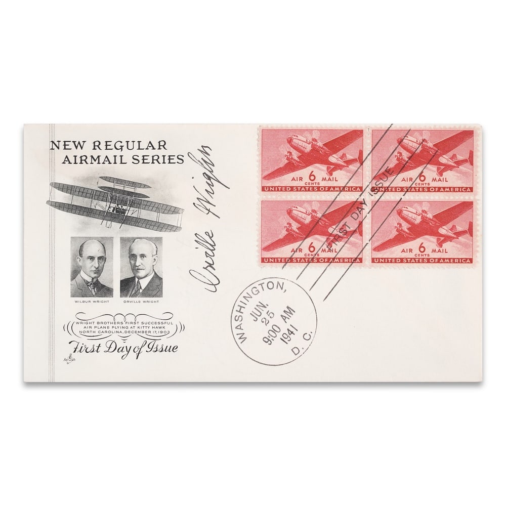 ORVILLE WRIGHT SIGNED 1941 U.S. AIRMAIL FIRST DAY COVER: 6 1/2 x 3 5/8 in (16.5 x 9.1 cm) Provenance and Authentication: This collectible has undergone a rigorous forensic evaluation. The signatures were carefully analyzed across multiple criteria,
