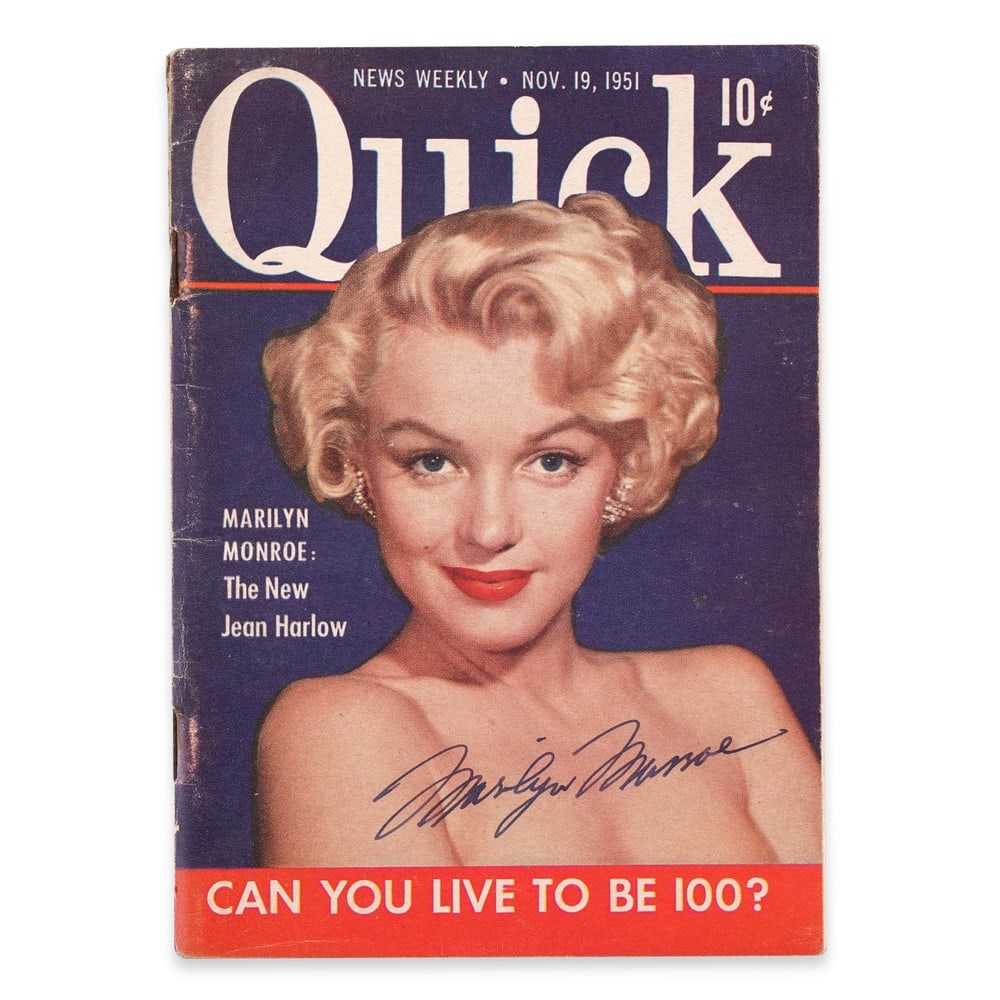 MARILYN MONROE SIGNED QUICK MAGAZINE - NOVEMBER 19, 1951: 5 7/8 x 4 1/8 in (14.9 x 10.5 cm) Provenance and Authentication: This collectible has undergone a rigorous forensic evaluation. The signatures were carefully analyzed across multiple criteria,