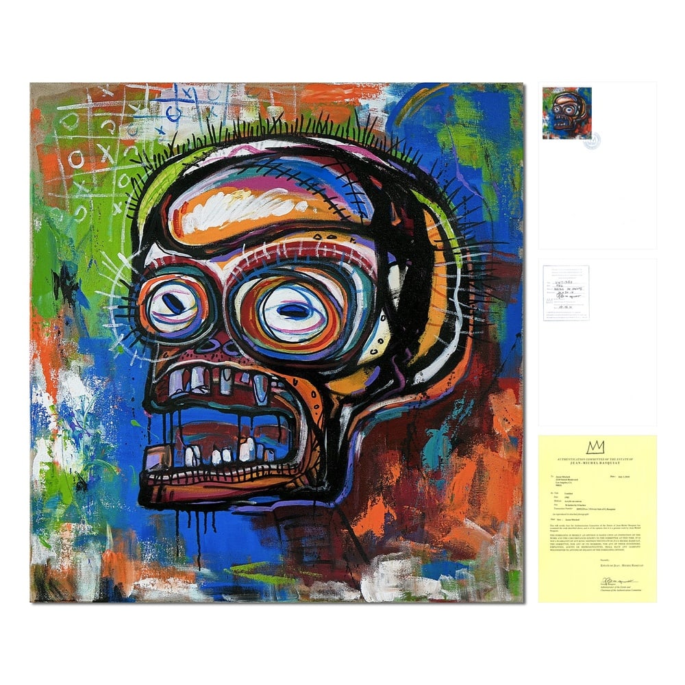 JEAN-MICHEL BASQUIAT (1960-1988), ACRYLIC AND OILSTICK ON CANVAS: Image Dimensions: 36 x 34 in (91.5 x 86.5 cm) Signed (verso) This painting comes with COA. This 1982 acrylic on canvas stands as a quintessential example of Jean-Michel Basquiat's raw energy and