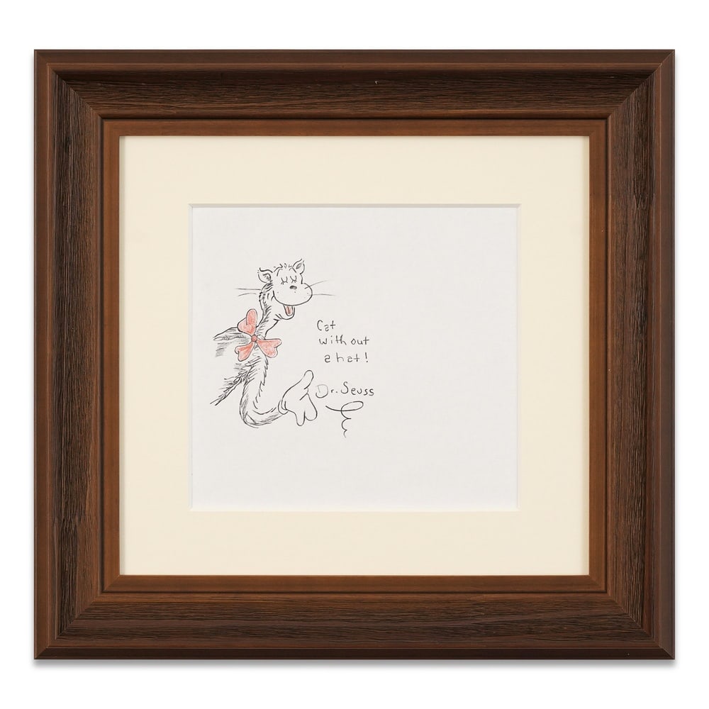 DR. SEUSS HAND-DRAWN AND SIGNED "CAT WITHOUT A HAT!" ILLUSTRATION: Image Dimensions: 7 7/8 x 8 5/8 in (20.1 x 21.9 cm) Framed Dimensions: 16 3/8 x 17 1/8 in (41.5 x 43.5 cm) Provenance and Authentication: This collectible has undergone a rigorous forensic