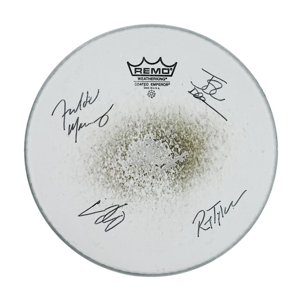 QUEEN FULLY SIGNED REMO DRUMHEAD: Diameter 10 in (25.5 cm) Among the most desirable categories of rock memorabilia, fully signed band pieces consistently rank above individual autographs due to their rarity and direct association