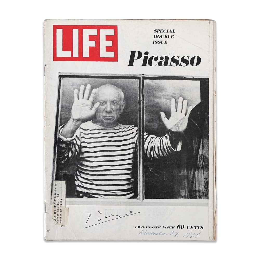 PABLO PICASSO SIGNED LIFE MAGAZINE SPECIAL DOUBLE ISSUE (DECEMBER 27, 1968): 13 5/8 x 10 3/8 in (34.5 x 26.5 cm) Provenance and Authentication: According to the accompanying documentation provided by the consignor, the signatures have been examined with reference to multiple
