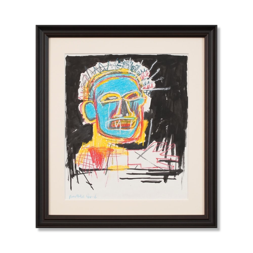 JEAN-MICHEL BASQUIAT (1960-1988), ATTRIBUTED TO, OILSTICK AND INK ON PAPER: Signed (lower left) Image Dimensions: 16 x 13 1/2 in (40.6 x 34.3 cm) Framed Dimensions: 22 x 19 5/8 in (56 x 49.7 cm) This painting comes with COA. Few artists have reshaped the landscape of