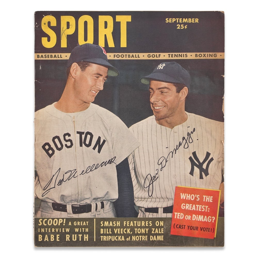 JOE DIMAGGIO & TED WILLIAMS SIGNED "SPORT" MAGAZINE: 10 7/8 x 8 5/8 in (27.5 x 21.8 cm) Provenance and Authentication: This collectible has undergone a rigorous forensic evaluation. The signatures were carefully analyzed across multiple criteria,