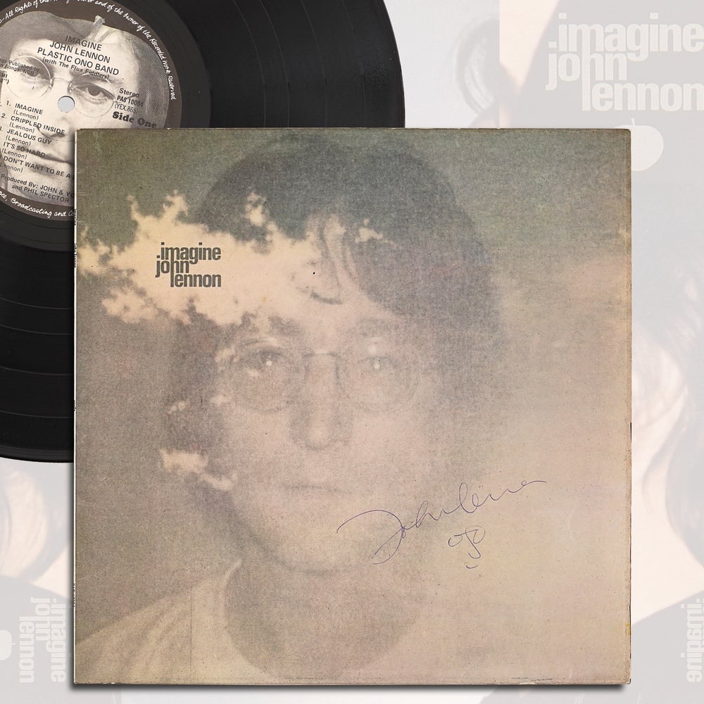 JOHN LENNON SIGNED "IMAGINE" LP: 12 1/4 x 12 1/4 in Provenance and Authentication: This collectible has undergone a rigorous forensic evaluation. The signatures were carefully analyzed across multiple criteria, including ink
