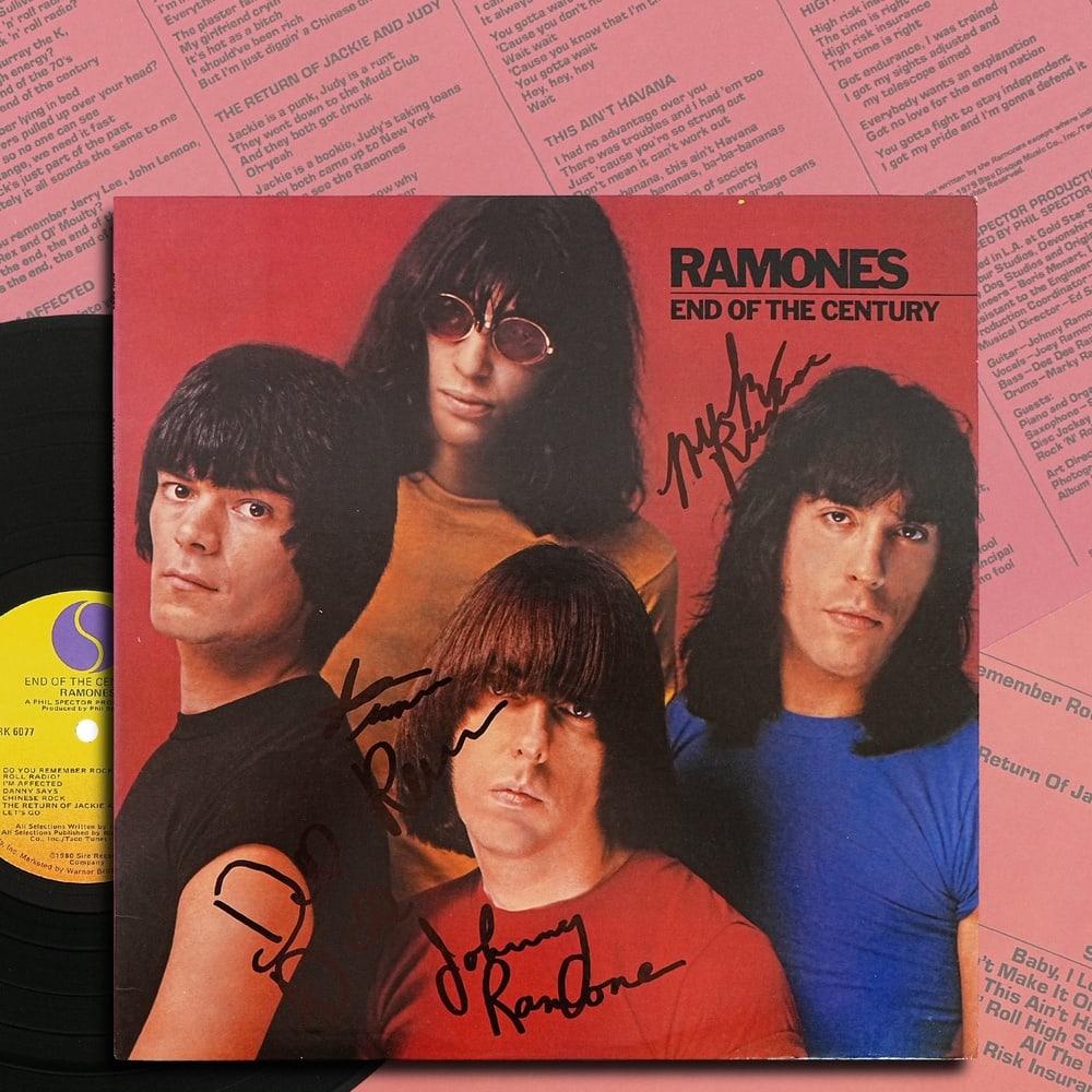 RAMONES FULLY SIGNED "END OF THE CENTURY" LP (1980 U.S. FIRST PRESSING): 12 1/4 x 12 1/4 in Released in 1980, End of the Century marked a pivotal moment in the Ramones' career, pairing the pioneering New York punk band with legendary producer Phil Spector. While retaining