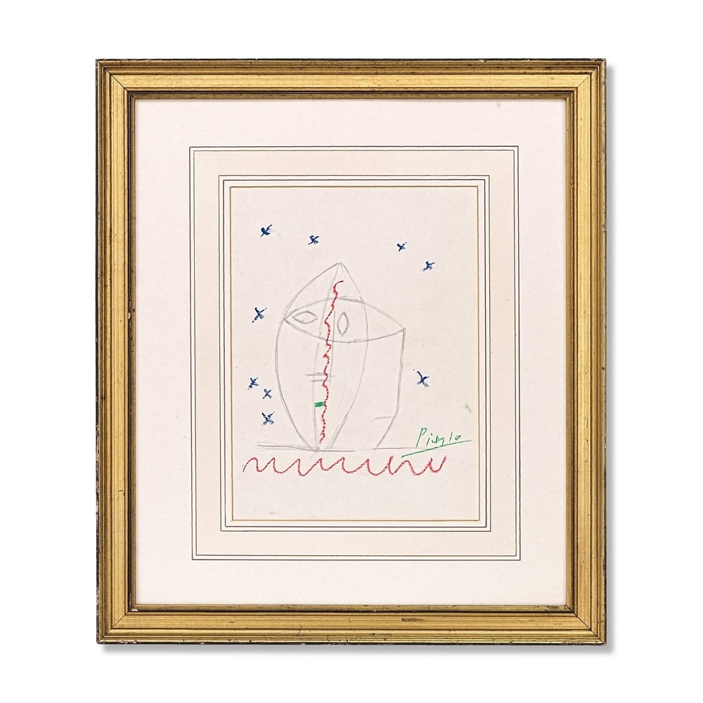 PABLO PICASSO (1881-1973), ATTRIBUTED TO, COLORED WAX CRAYONS AND PENCIL ON PAPER: Signed (lower right) Image Dimensions: 12 5/8 x 9 1/4 in (32 x 23.5 cm) Framed Dimensions: 22 1/4 x 19 1/4 in (56.5 x 49 cm) This painting comes with COA. Pablo Picasso remains one of the most influen