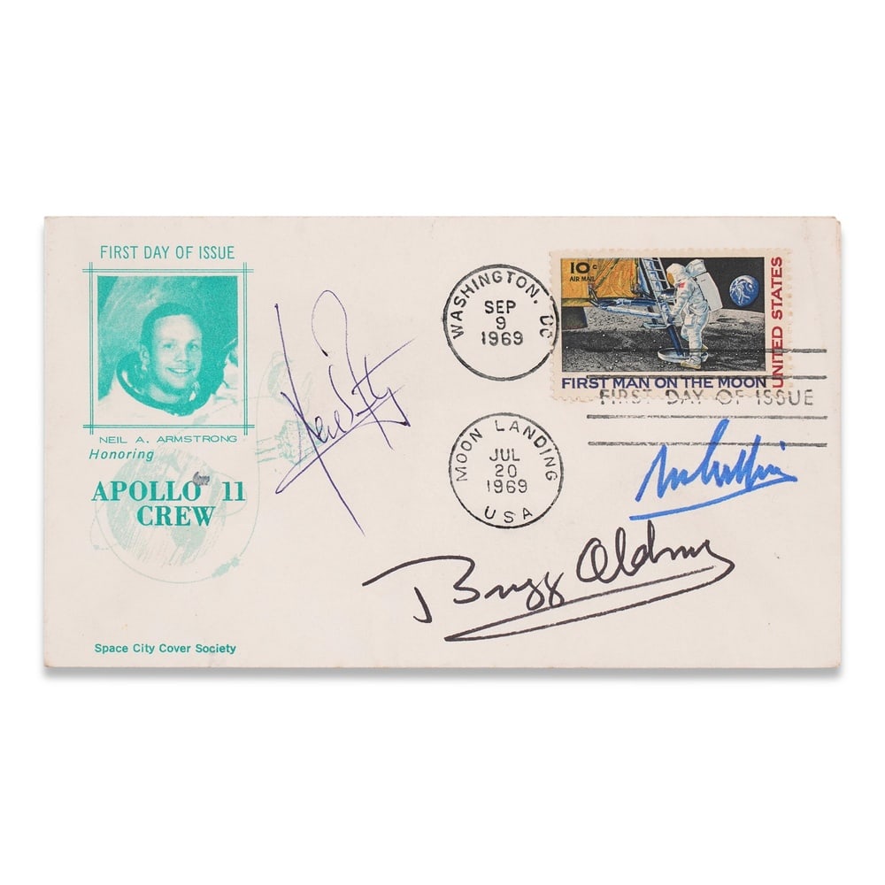 APOLLO 11 FULLY SIGNED FIRST DAY COVER: 6 1/2 x 3 5/8 in (16.5 x 9.3 cm) Provenance and Authentication: This collectible has undergone a rigorous forensic evaluation. The signatures were carefully analyzed across multiple criteria,