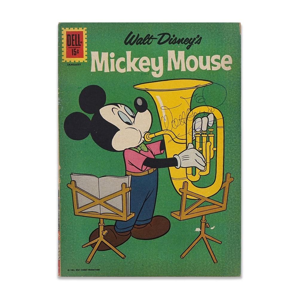 WALT DISNEY SIGNED "WALT DISNEY'S MICKEY MOUSE" (JANUARY 1962): 10 1/4 x 7 1/4 in (26 x 18.5 cm) Provenance and Authentication: According to the accompanying documentation provided by the consignor, the signatures have been examined with reference to multiple fact