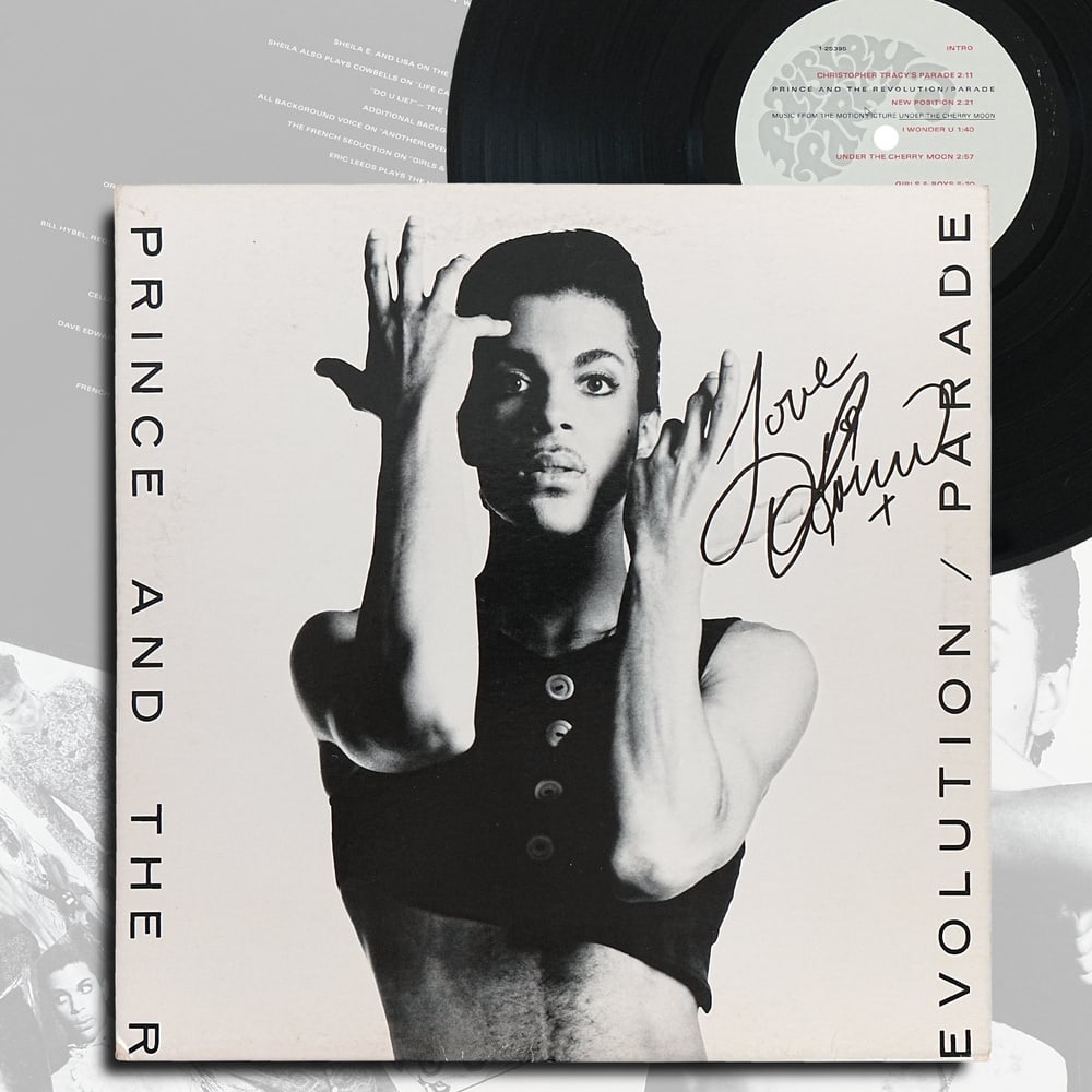 PRINCE SIGNED "PARADE" LP (1986 U.S. FIRST PRESSING): 12 1/4 x 12 1/4 in Released in 1986, Parade served as the eighth studio album by Prince and The Revolution and as the soundtrack to the motion picture Under the Cherry Moon. The album showcased