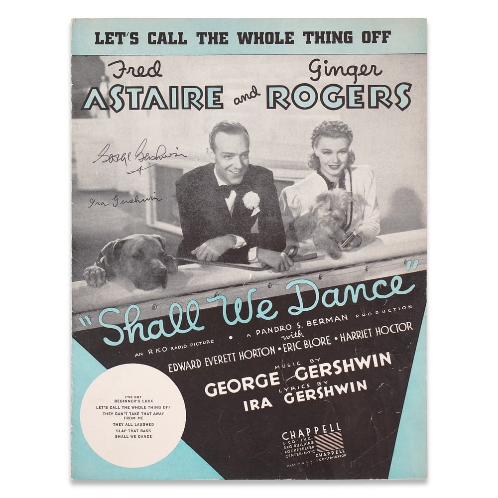 GEORGE GERSHWIN & IRA GERSHWIN SIGNED SHALL WE DANCE SHEET MUSIC: 11 7/8 x 9 in (30.2 x 22.8 cm) Provenance and Authentication: This collectible has undergone a rigorous forensic evaluation. The signatures were carefully analyzed across multiple criteria, including 