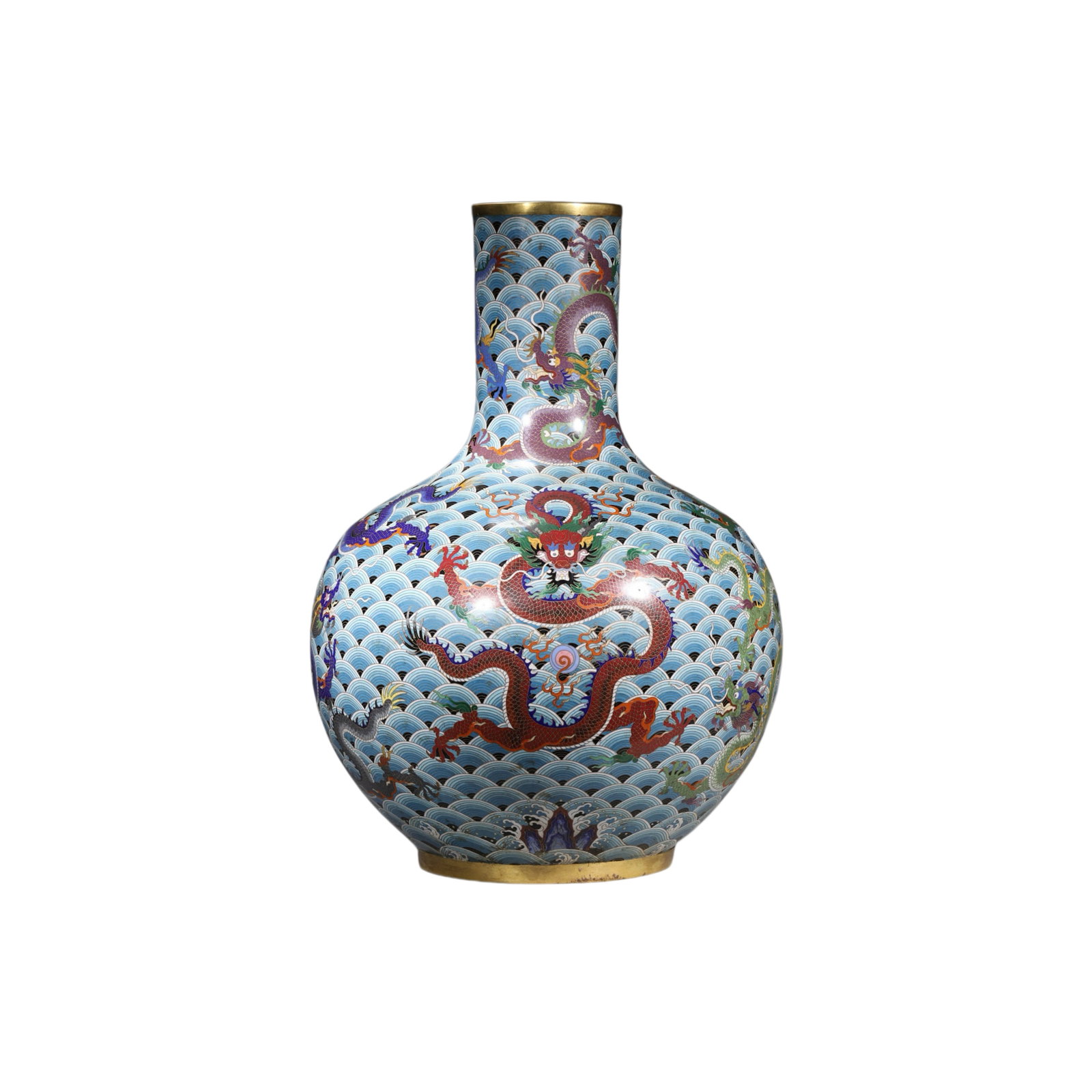 Chinese Qing Dynasty Cloisonné Enamel Celestial Globe Vase with Sea Dragon and Wave Design: H. 60 cm. W. 45 cm. Weight 20000 gram.