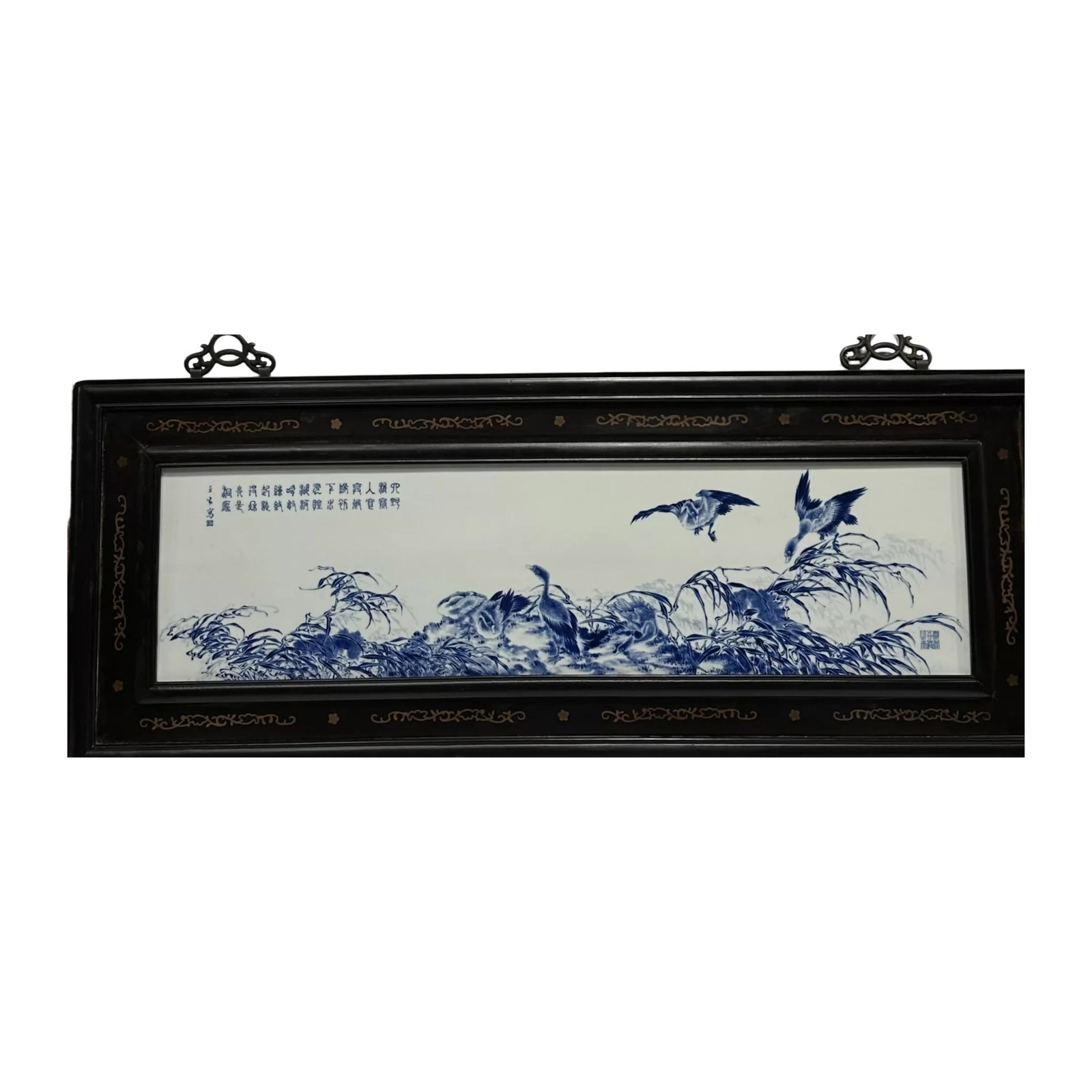 Blue and white porcelain plaques by Wang Bu, a 20th-century Chinese art master.: L. 96 cm. W. 39 cm.