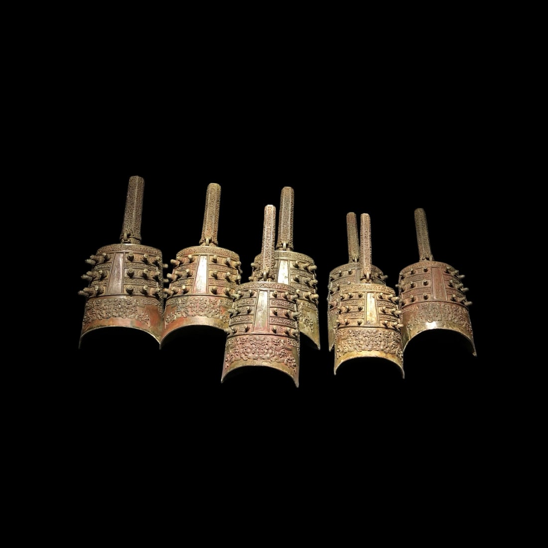 A set of bronze chime bells from the Warring States period of China: H. 43 cm. W. 19 cm. H. 38 cm. W. 13 cm. Weight 21500 gram.