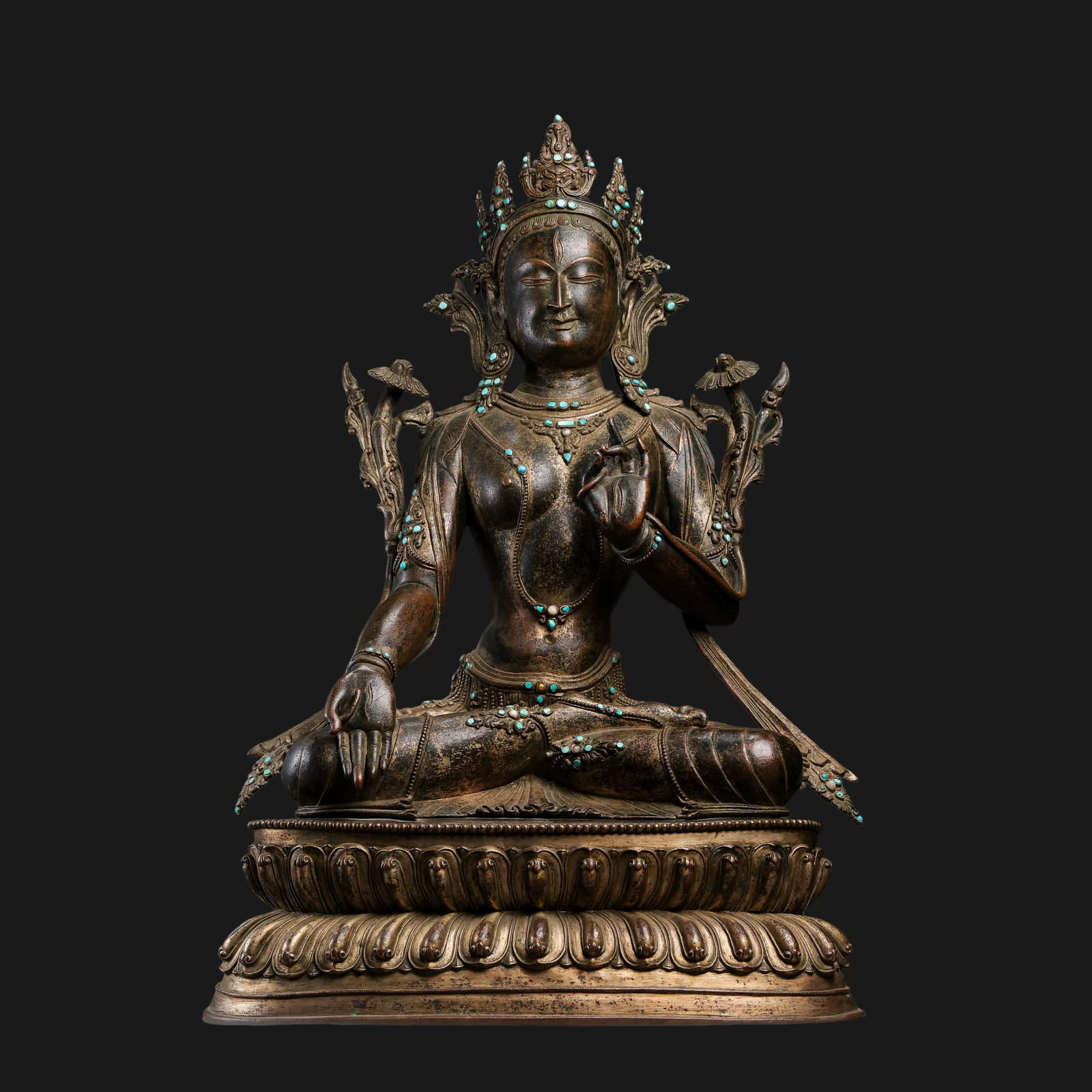 18th-century Tibetan bronze seated White Tara statue inlaid with turquoise: H. 57.5 cm. W. 40 cm. Weight 16254 gram.