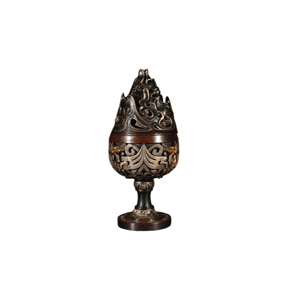 Gilded Bronze and Silver Boshan Incense Burner from the Qing Dynasty: H. 20.7 cm. W. 11 cm. Weight 900 gram.
