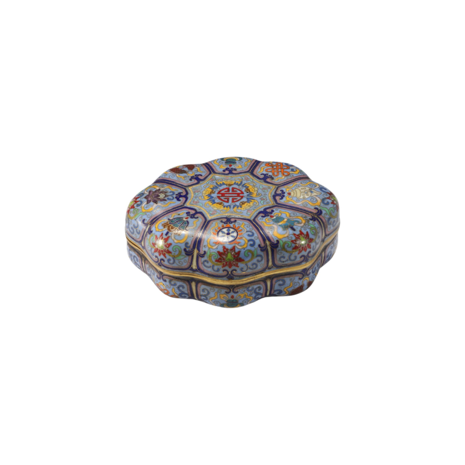 Qing Dynasty Copper-bodied Cloisonné Enamel Melon-shaped Box with Eight Treasures Design: H. 8 cm. W. 19 cm. Weight 2600 gram.