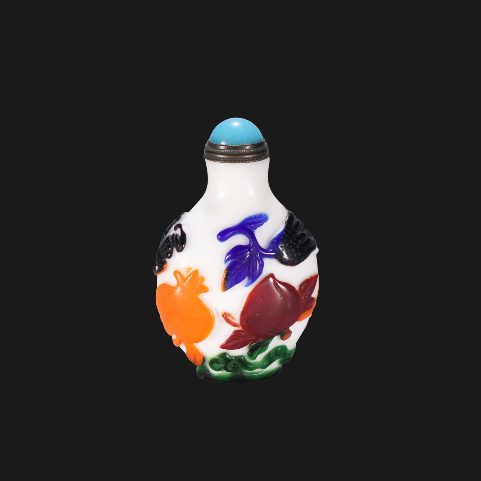 Qing Dynasty glass snuff bottle with longevity pattern: H. 6.8 cm. W. 4.2 cm. Weight 57.5 gram.