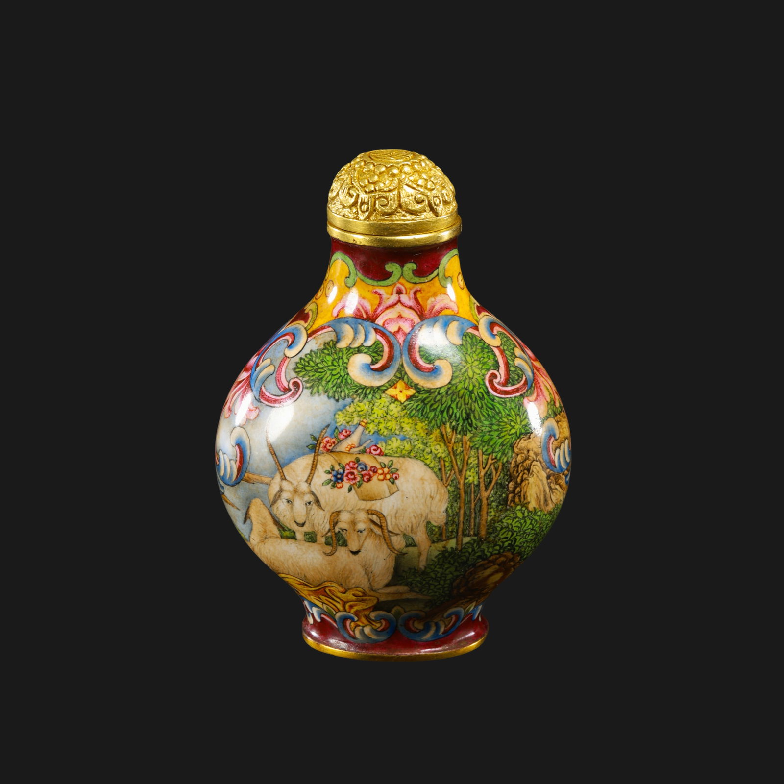 Qing Dynasty Qianlong Period Copper-bodied Painted Enamel Snuff Bottle with Three Rams Bringing: H. 6 cm. W. 4.5 cm. Weight 50 gram.